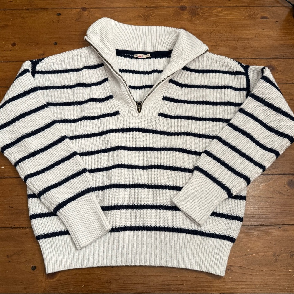 Faherty Navy and White Striped Zip-Up Sweater